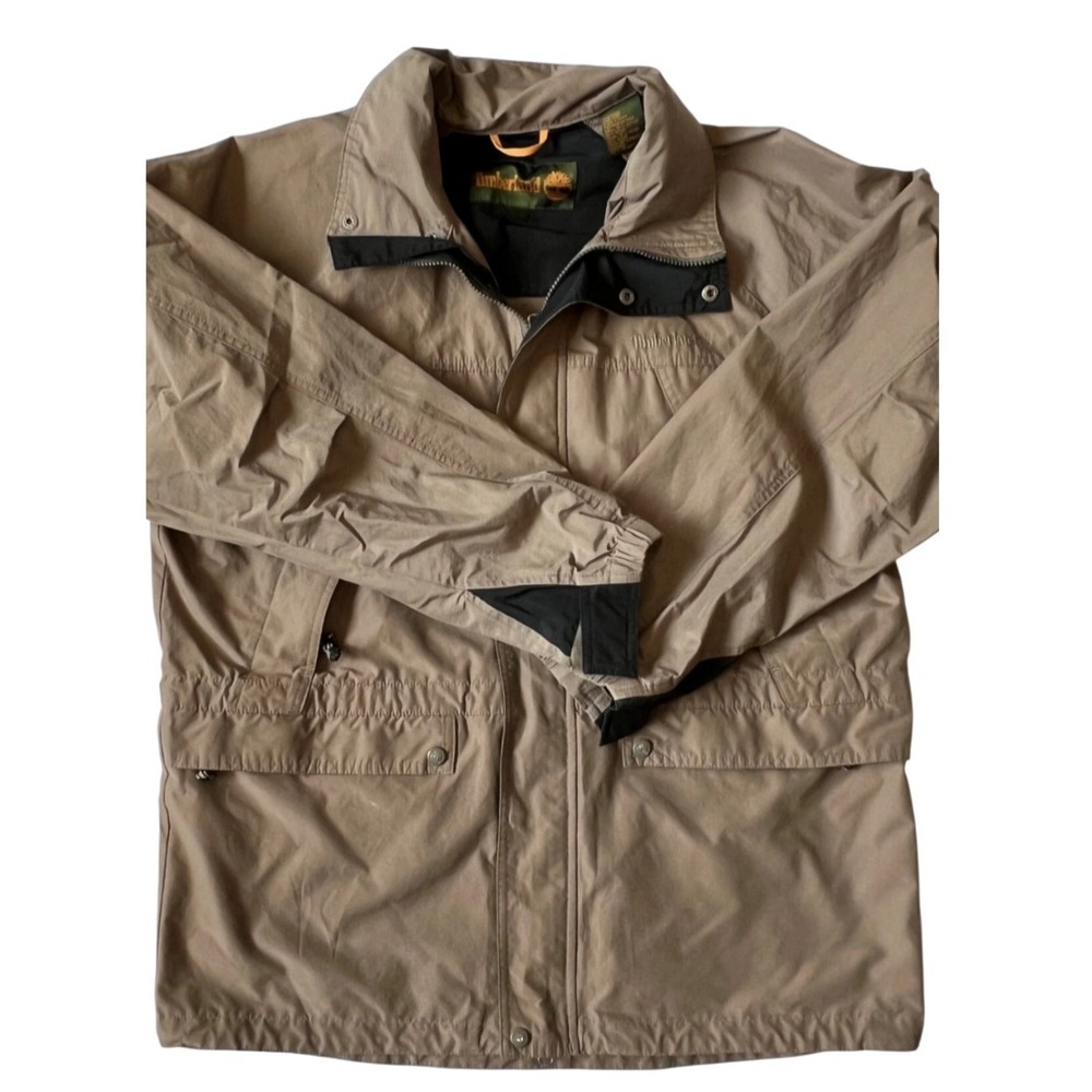 VTG Timberland Windbreaker Jacket Men M Khaki Tan‎ Hooded Full Zip Button 2006